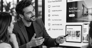 Web designer presenting a website layout to a small business team