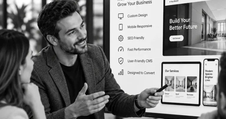 Web designer presenting a website layout to a small business team