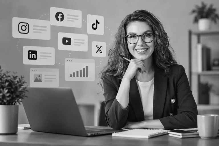 Social media marketing for small business: manager with social platform icons